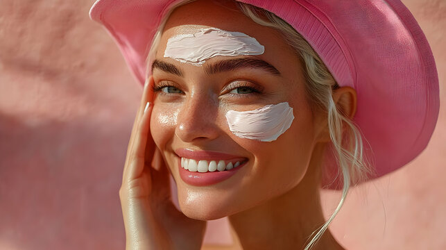 Smiling woman with pink face mask and pink hat. - Powered by Adobe