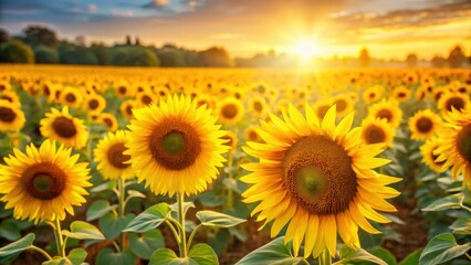 Fototapeta premium Field of sunflowers glowing in the sunlight, sunflowers, field, sunlight, nature, yellow, flowers, landscape, beauty