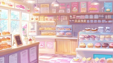 Cute Pastel Bakery with Donuts  Cupcakes  and Coffee