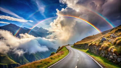 Serpentine mountain road in Italy with fog and rainbow in cloudy weather, mountains, passo dello stelvio, Italy, serpentine