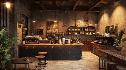 A warm-toned coffee shop with rustic industrial elements and 3D-rendered coffee beans