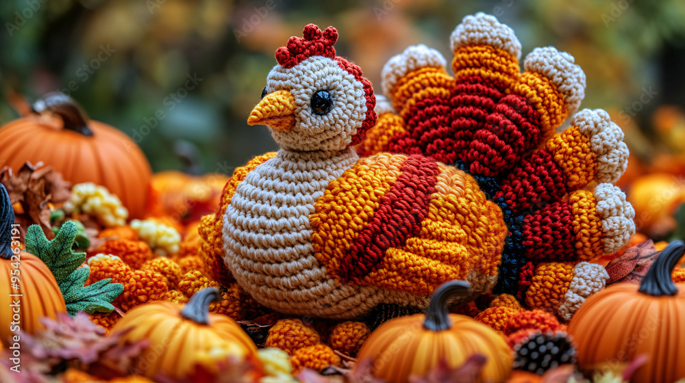 Wall mural Cute 3D knitted turkey on pumpkin piles background, perfect for thanksgiving celebration decorations.