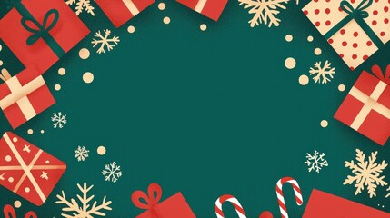 Obraz premium Christmas Green Background with Gift Boxes Candy Canes and Snowflakes