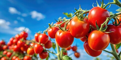 Close up of red ripe tomatoes on the vine against a blue sky background, tomatoes, ripe, red, vine, close up, fresh