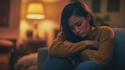 Obraz premium Sad depressed asian woman sitting in her living room, depression and loneliness, mental health concept. Horizontal (16:9)
