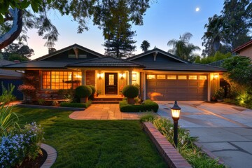 Charming suburban home illuminated by warm evening light with manicured garden and inviting garage at twilight