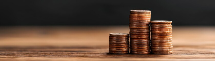 Stacked copper coins on wooden surface against dark background, symbolizing financial growth, investment, and savings.