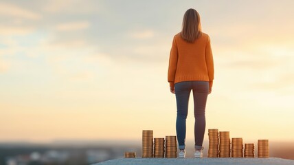 Fototapeta premium Woman standing on a rooftop beside stacks of coins at sunset, symbolizing financial success and future planning.