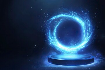 Obraz premium Portal light effect on a dark background. Light bright blue swirl. Bright light round teleport podium. Magic gate in a fantasy game. Vector 10 EPS , ai