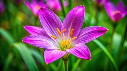 Fototapeta premium Vibrant purple rain lily flower in full bloom surrounded by greenery, botanical, nature, petals, vibrant, bloom