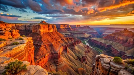 Majestic red and orange cliffs of a vast canyon landscape at dusk, Canyon, cliffs, red, orange, majestic, landscape, dusk