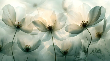 Soft, white flowers with delicate green stems and petals.