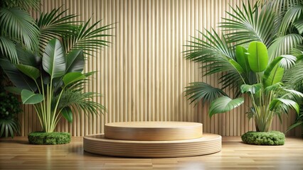 Fototapeta premium Bamboo and tropical leaves podium for product presentation, bamboo, tropical leaves, podium, product presentation