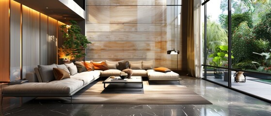 Modern Living Room with Beige Sofa and Garden View