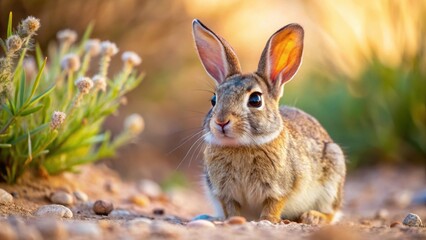 Fototapeta premium Close-up photo of a cute desert cottontail rabbit in its natural habitat, desert, cottontail, rabbit, wildlife, animal, nature, adorable