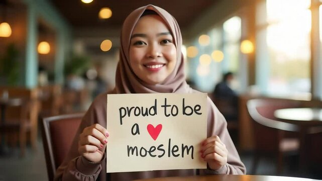 Smiling Hijab-Wearing Woman Holding "Proud to be a Moeslem" Sign