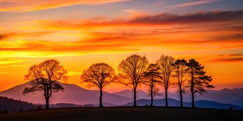 Fototapeta premium Sunset silhouettes of trees against a mountain backdrop, sunset, silhouettes, mountains, nature, landscape, dusk, evening