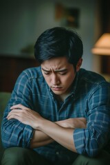 Sad depressed asian man sitting in his living room, depression and loneliness, mental health concept. Vertical (2:3)