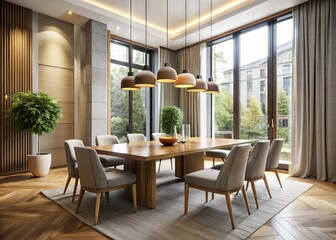 Stylish, modern dining room with sleek wood table, high ceilings, floor-to-ceiling windows, and contemporary pendant