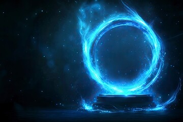 Fototapeta premium Portal light effect on a dark background. Light bright blue swirl. Bright light round teleport podium. Magic gate in a fantasy game. Vector 10 EPS , ai