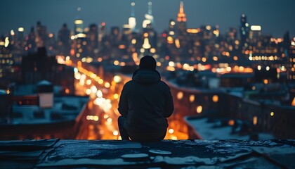 夜幕下，身穿连帽衫的人坐在屋顶上俯瞰繁华的城市灯光。