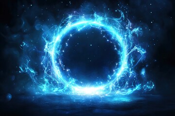 Portal light effect on a dark background. Light bright blue swirl. Bright light round teleport podium. Magic gate in a fantasy game. Vector 10 EPS , ai