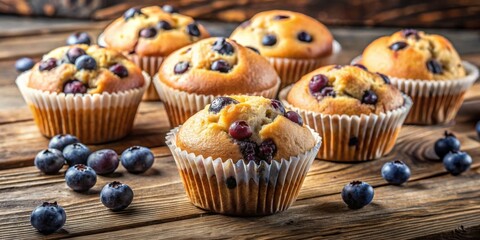 Home baked blueberry muffins on a rustic wooden table, blueberries, muffins, homemade, baking, delicious, fresh, breakfast