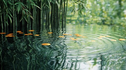Golden Leaves Floating on a Calm Pond Surrounded by Lush Green Bamboo
