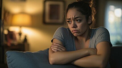 Obraz premium Sad depressed Hispanic woman sitting in her living room, depression and loneliness, mental health concept. Horizontal (16:9)