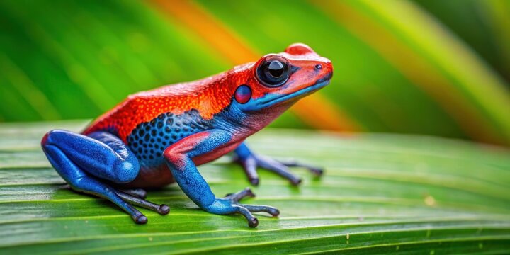Vibrant red and blue poison dart frog on a tropical leaf, frog, vibrant, red, blue, poison dart, tropical, leaf, colorful