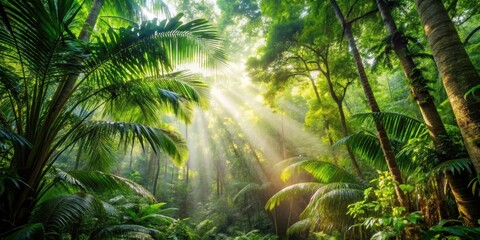 Sunlight filtering through dense tropical jungle canopy, creating serene atmosphere, sunlight, filters, dense, canopy