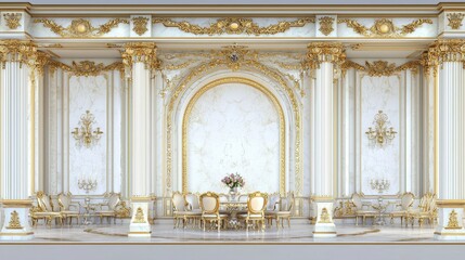 Fototapeta premium Luxury Interior Design Gold Trimmed Wall with Marble Columns and Archway