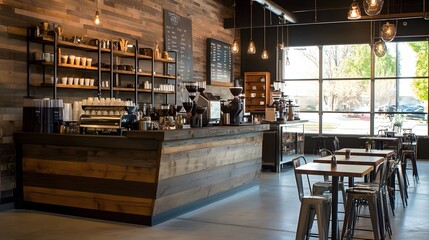 A warm-toned coffee shop with fair-trade coffee beans and rustic industrial decor