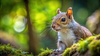 Obraz premium Close-up of a curious squirrel inspecting its surroundings in a natural forest setting, squirrel, curiosity, inquisitive, wildlife