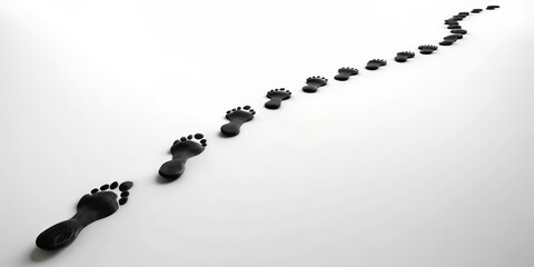 Naklejka premium Trail of black footsteps leading from left to right on white background, trail, footsteps, black, silhouette, path