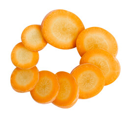 Slices of carrots are insulated over white. Fresh vegetables for health