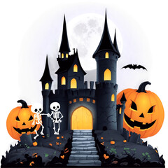 A charming digital painting with a Halloween theme, featuring mysterious castles, full moons, pumpkins, black cats, bats, ghosts, and skeletons. Perfectly capturing the festive mood, this artwork is i