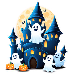 A charming digital painting with a Halloween theme, featuring mysterious castles, full moons, pumpkins, black cats, bats, ghosts, and skeletons. Perfectly capturing the festive mood, this artwork is i