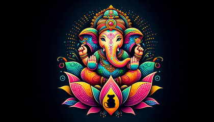 Hindu God Ganesh or Ganesha idol on lotus flower with vibrant colors and black background