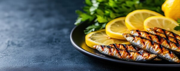 Delicious grilled fish served with fresh lemon slices and parsley at a dark background for a refreshing meal.