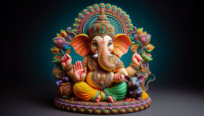 Hindu God Ganesh or Ganesha idol with vibrant colors and black background