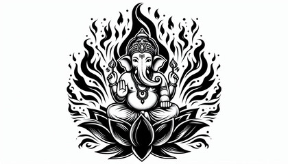 Fototapeta premium Hindu God Ganesh or Ganesha idol logo tattoo in black and white with lotus flower