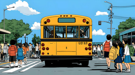 Students waiting to cross the street after getting off the school bus.