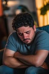 Obraz premium Sad depressed Hispanic man sitting in his living room, depression and loneliness, mental health concept. Vertical (2:3)