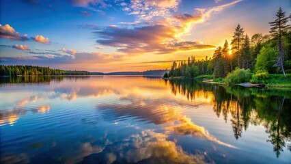 Fototapeta premium Tranquil Canadian lake reflecting a colorful sunset sky, sunset, lake, Canadian, reflection, calm, peaceful, serenity, nature