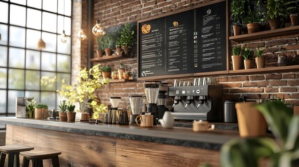 Fototapeta premium A rustic coffee shop with eco-friendly messaging and 3D-rendered coffee mugs
