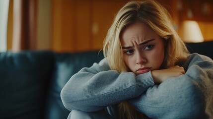 Obraz premium Sad depressed blonde woman sitting in her living room, depression and loneliness, mental health concept. Horizontal (16:9)