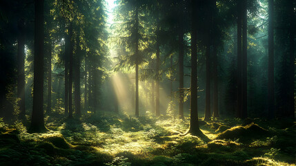 Sunbeams pierce through the dense canopy of a lush green forest, illuminating the mossy forest floor.