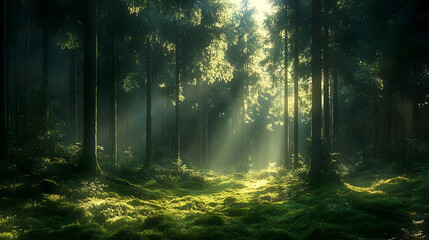 Naklejka premium Sunlight beams through a dense forest, illuminating the mossy forest floor.