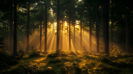 Sunlight beams through a dense forest, illuminating the trees and forest floor.